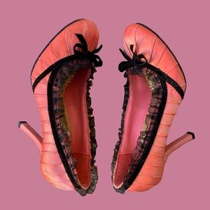 Coquette pink satin vintage heels with black frill and bow embellishment